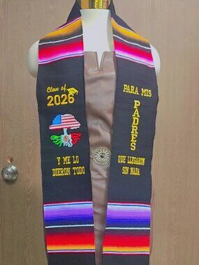Mexican Graduation Sash Class 2026 Stole Multicolor and Black on Gold Embroider